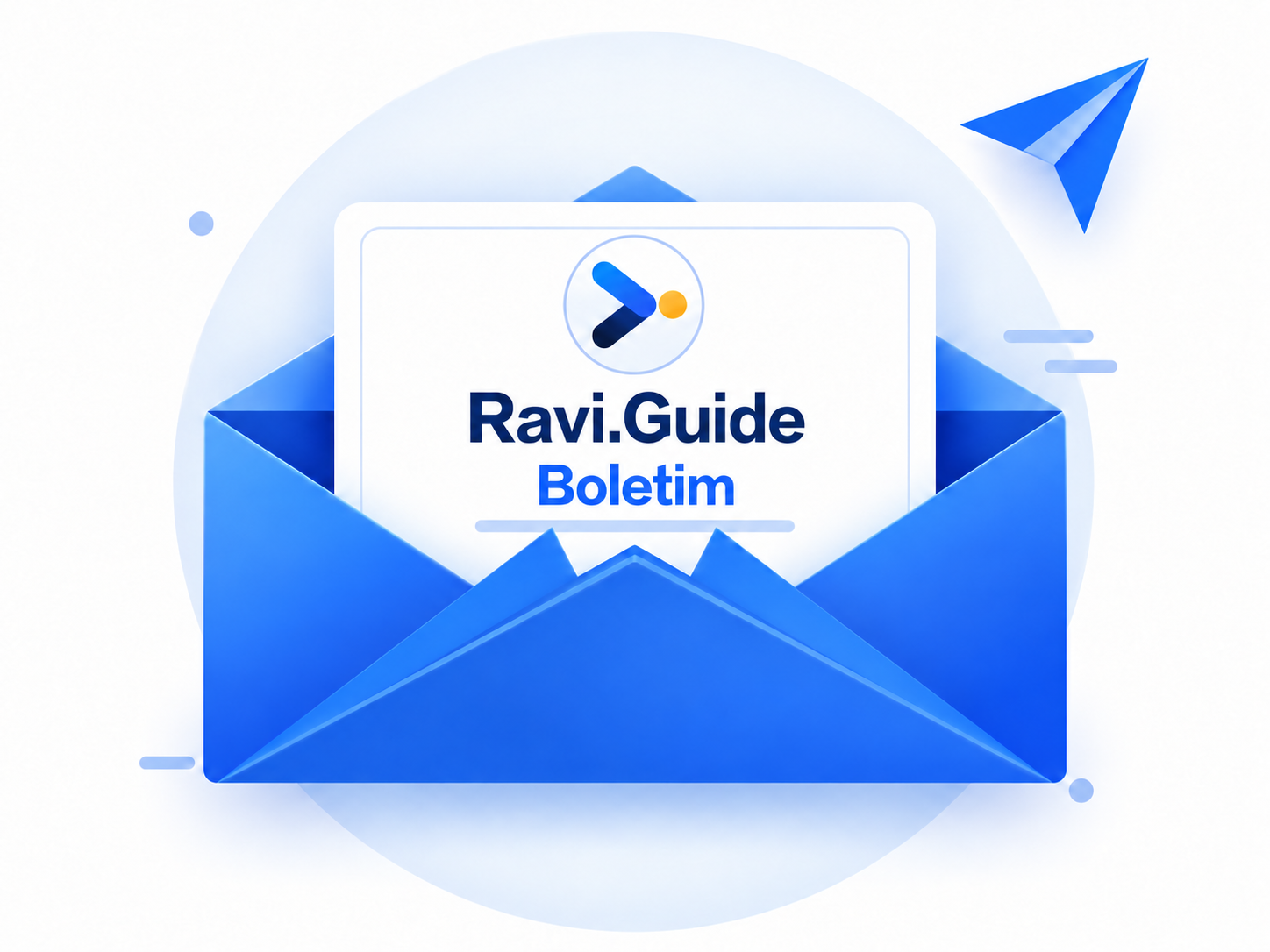 Envelope azul com a marca Ravi.Guide e a palavra Boletim.